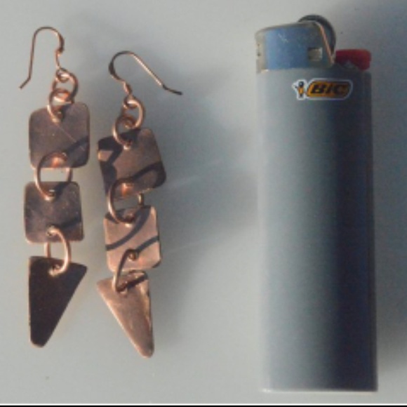 Tribal Solid Copper Rustic Drop Earrings Primitive - Picture 6 of 7